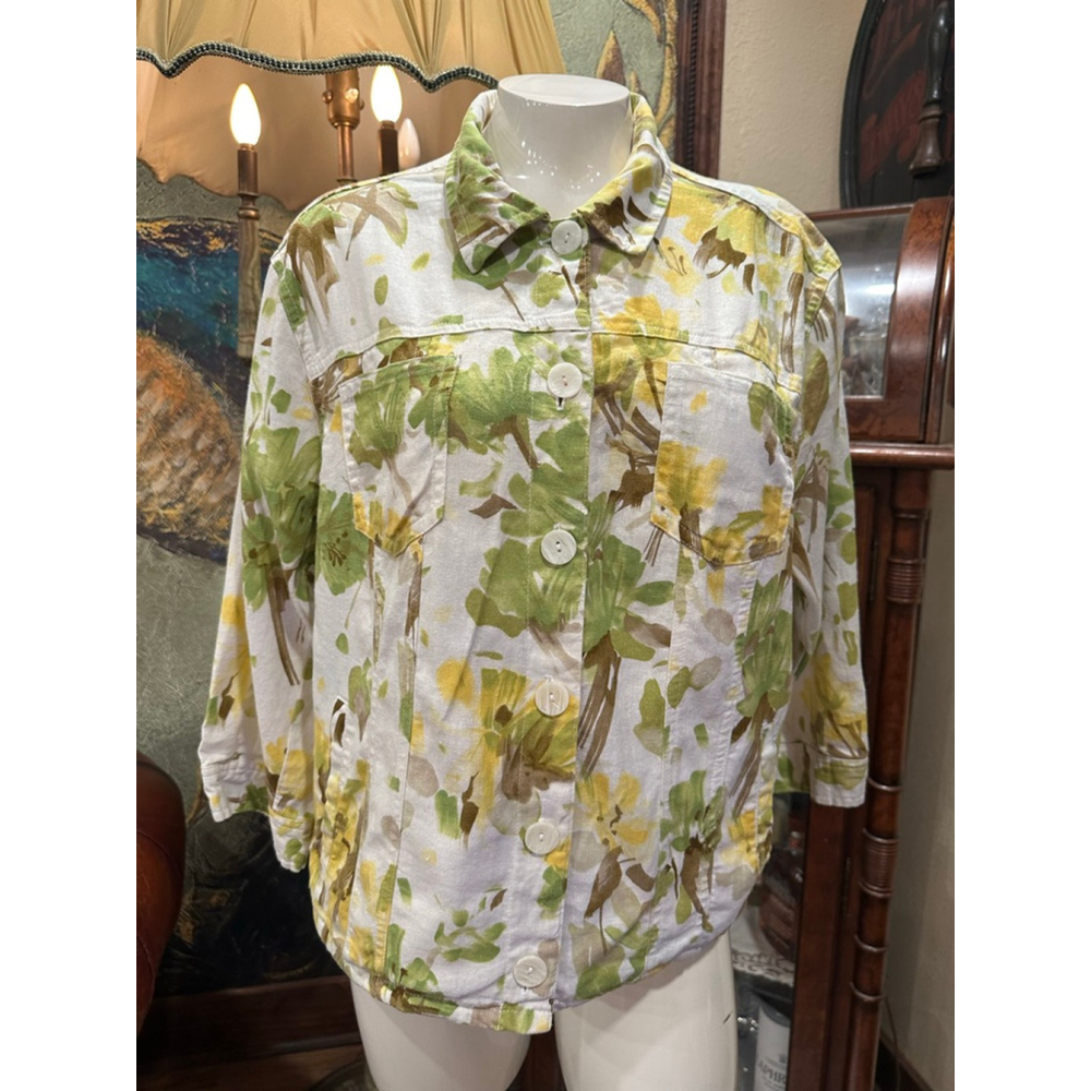 Company Collection Petite Button Down Shirt White Green Floral 16P